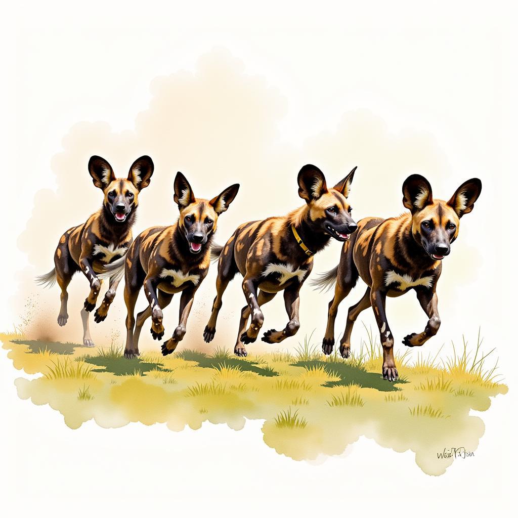 African Wild Dog Pack Hunting Scene