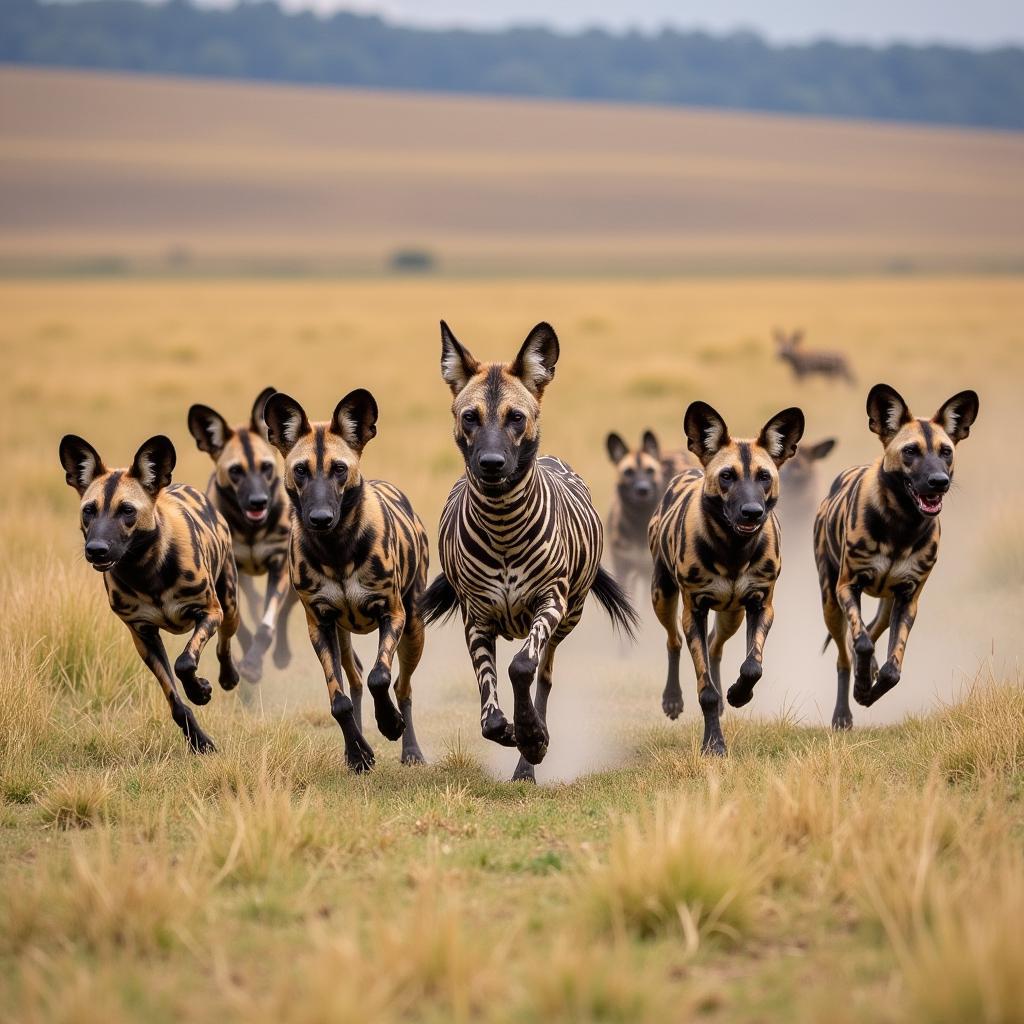 African Wild Dogs Hunting Zebra