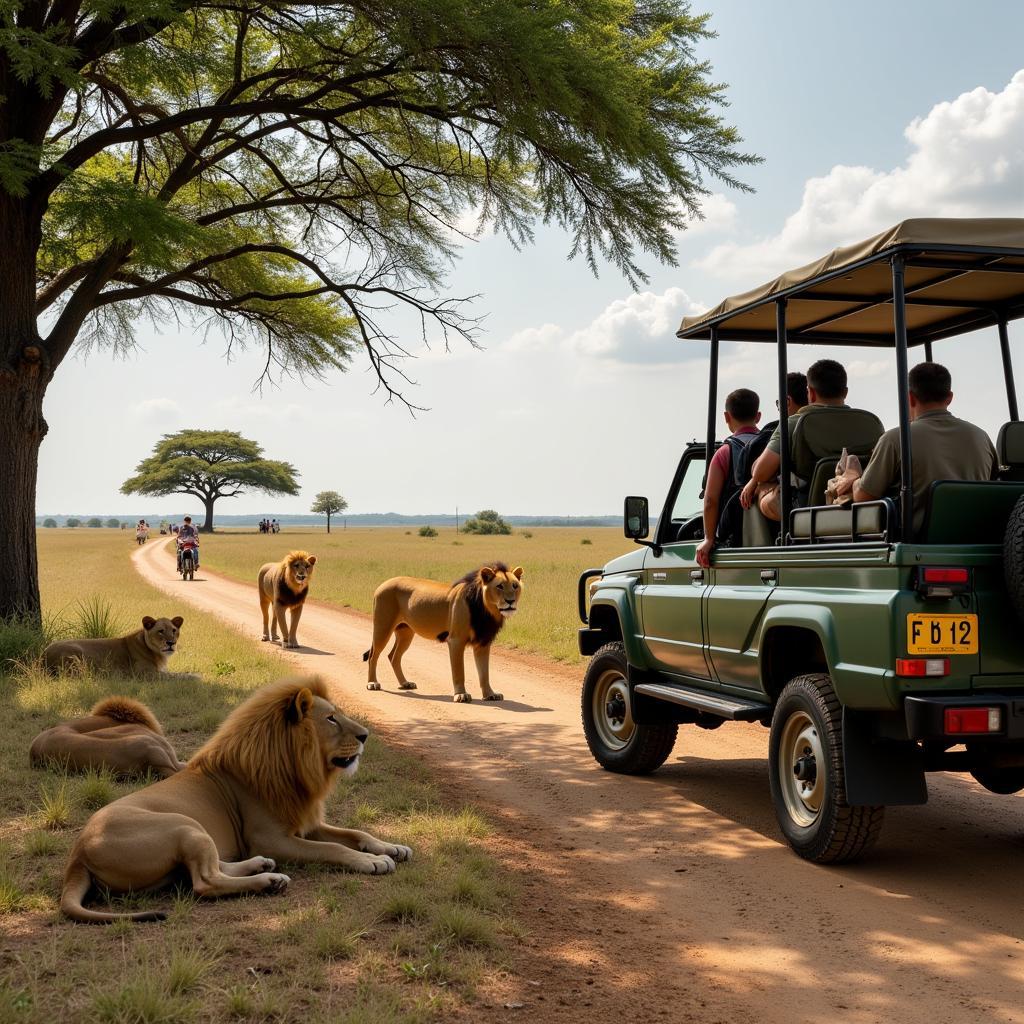 Tourists observing lions on an African wildlife safari, experiencing the thrill of encountering wildlife in their natural habitat.