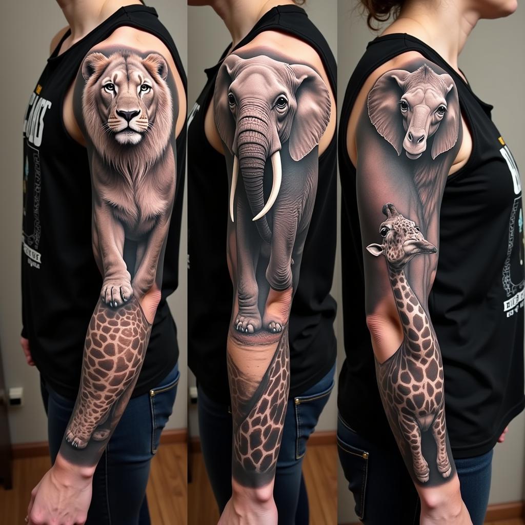 African Wildlife Tattoo Sleeve: A full sleeve tattoo depicting a variety of African animals, including a lion, elephant, and giraffe, in a realistic style.