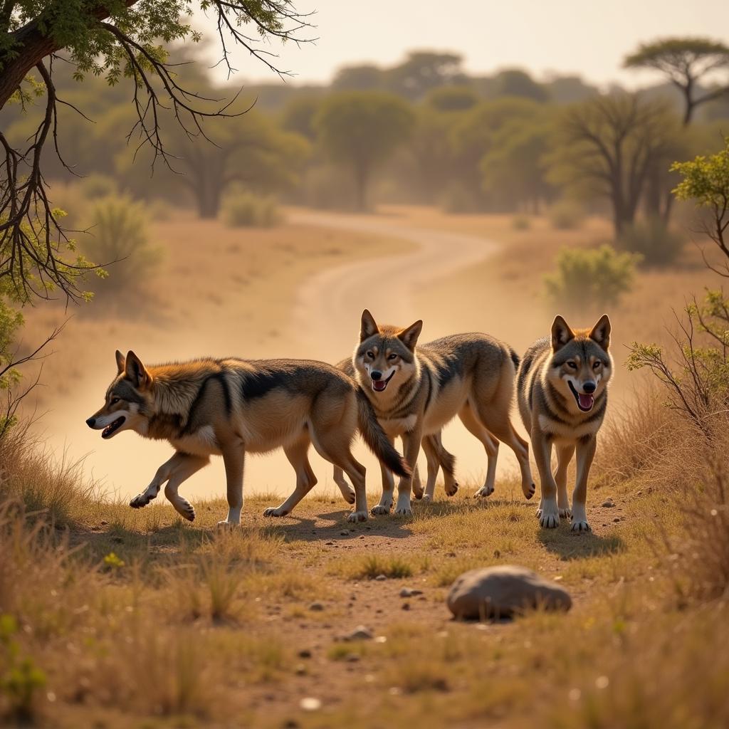 African Wolf Pack Hunting in the Savanna