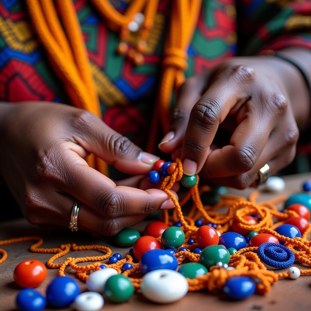 African Woman Creating Intricate Beadwork