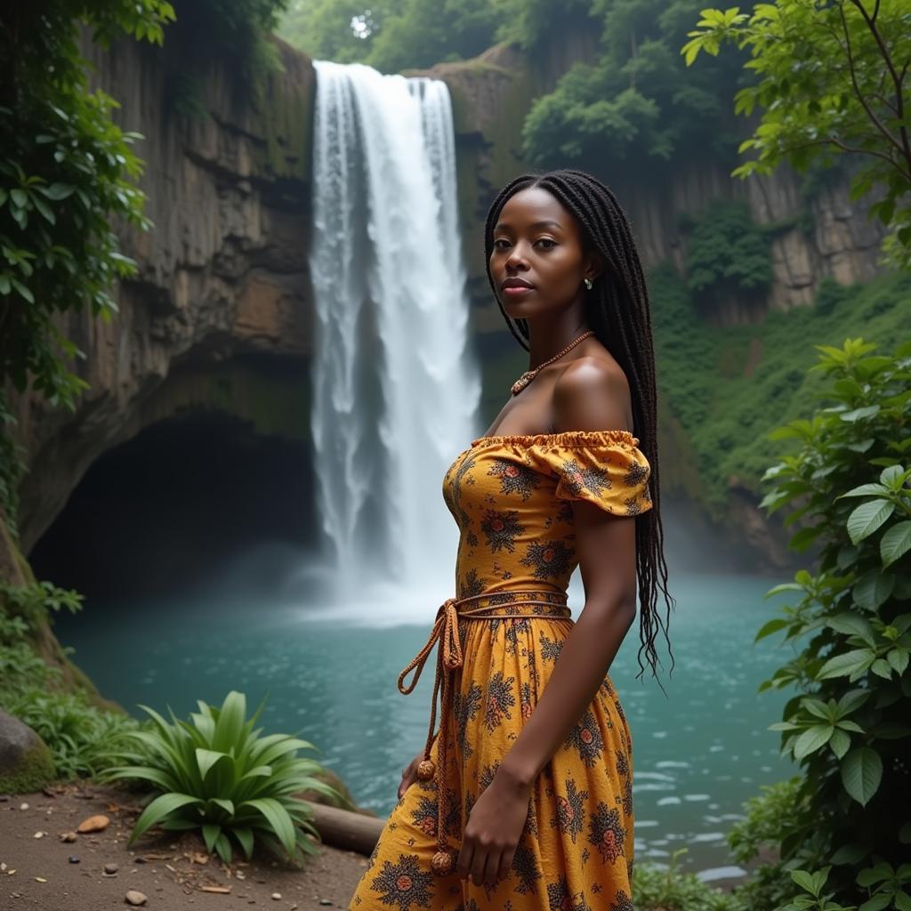 African Woman Posing Near a Waterfall