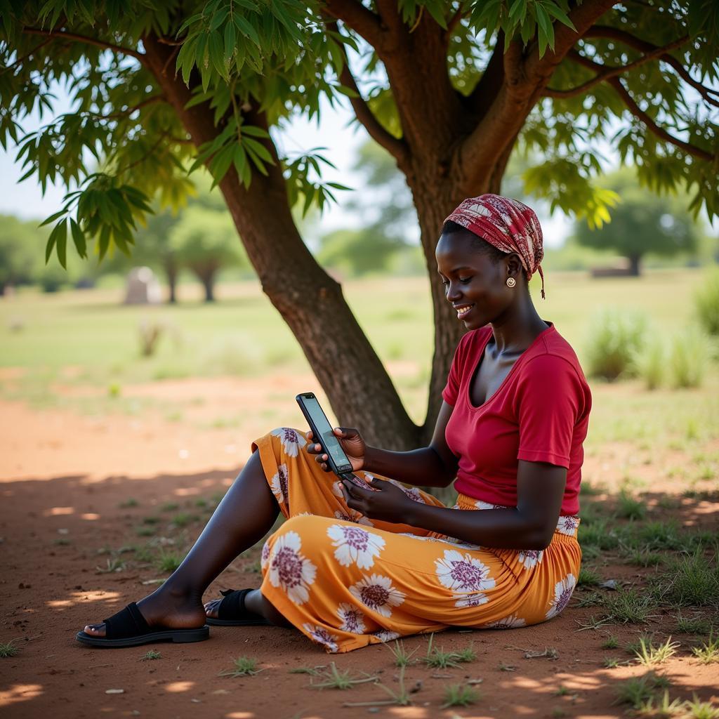 African Woman Using Mobile Banking App in Rural Setting