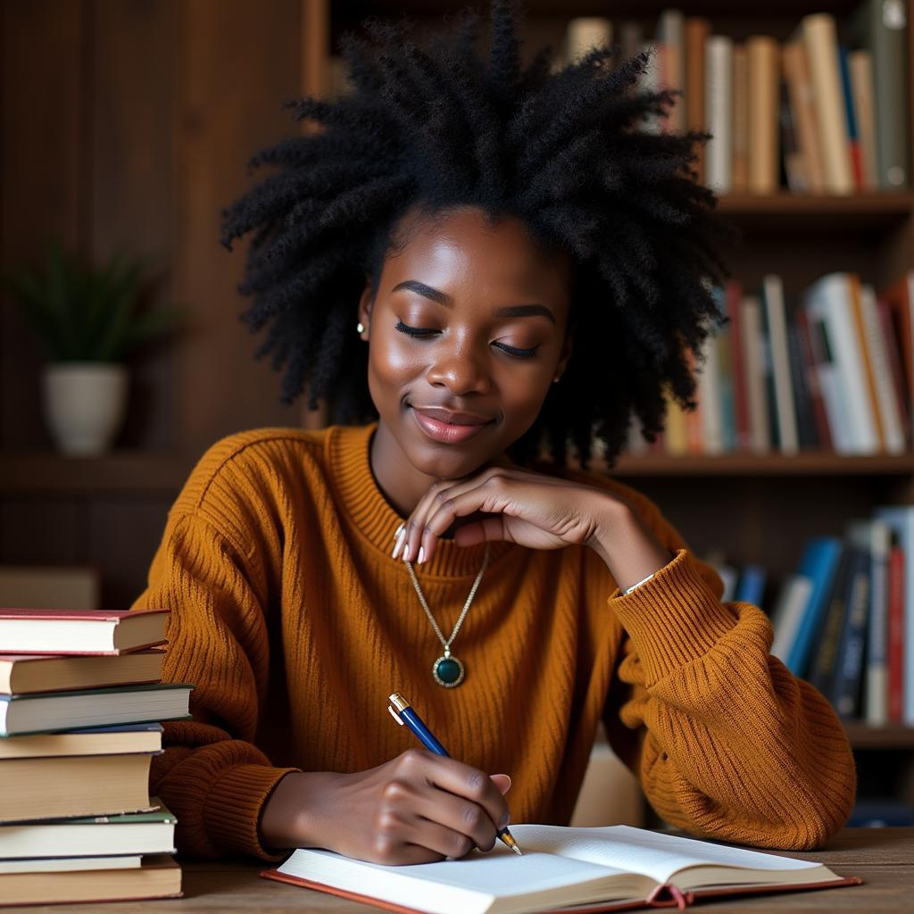 An African woman writing in her journal