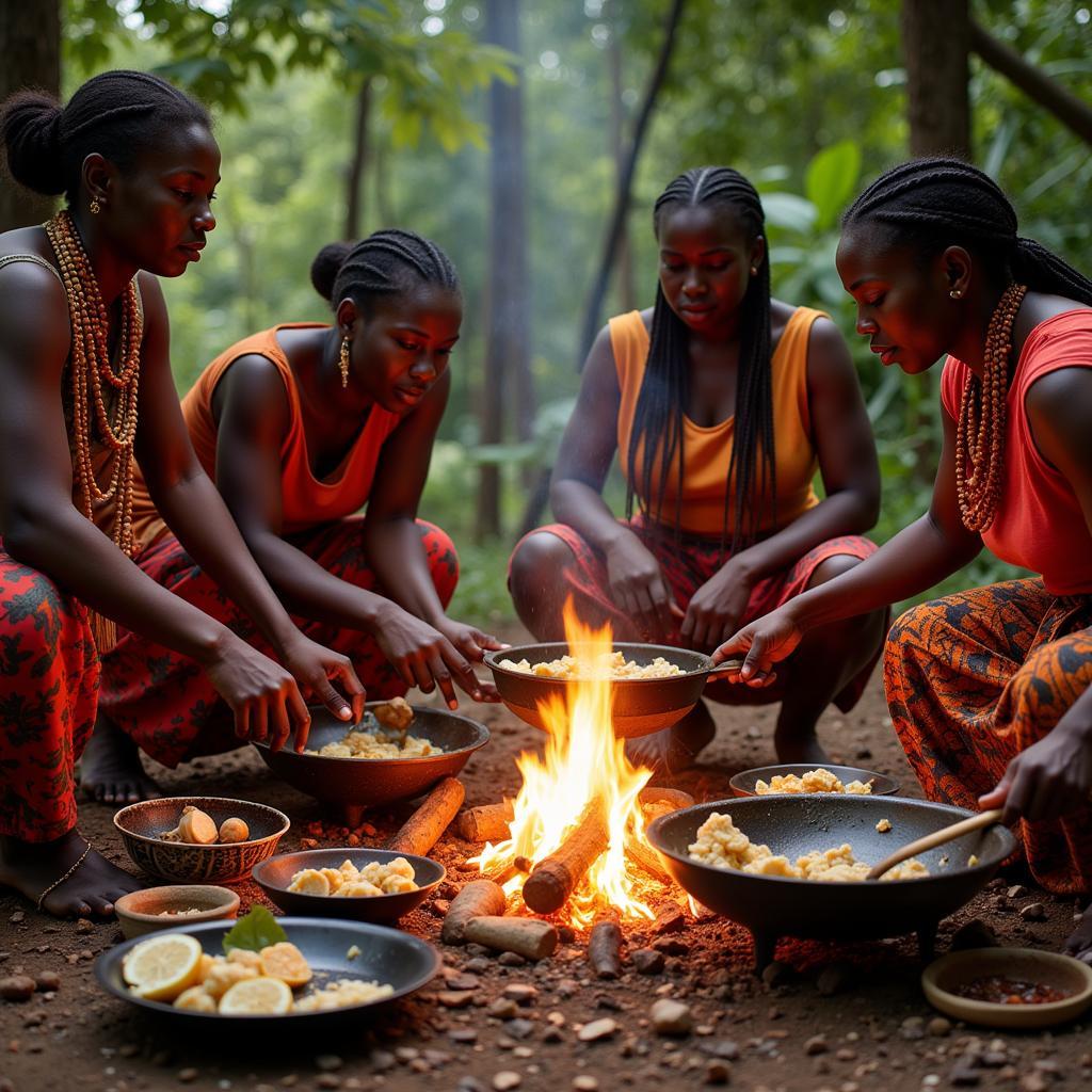 African Women Preparing a Traditional Meal