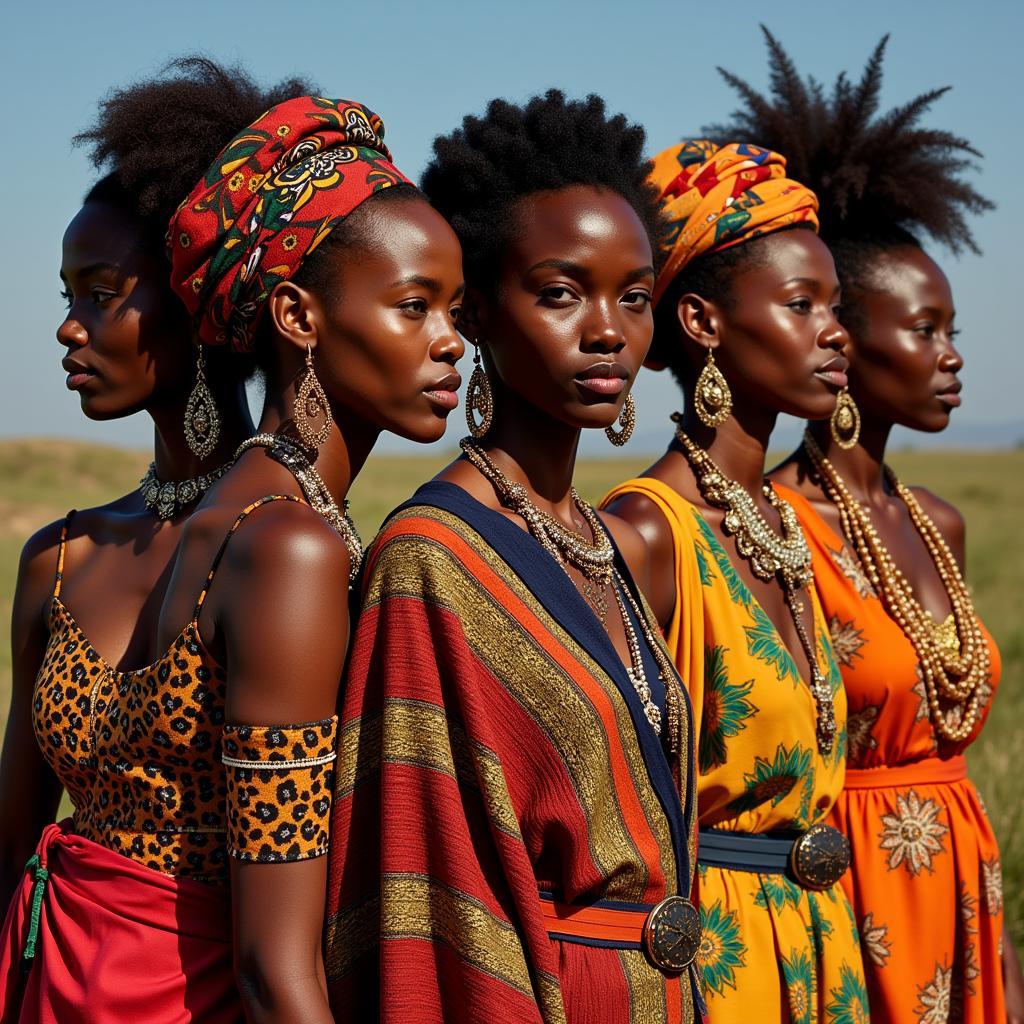 African women showcasing their diverse cultural heritage through traditional clothing, hairstyles, and jewelry.