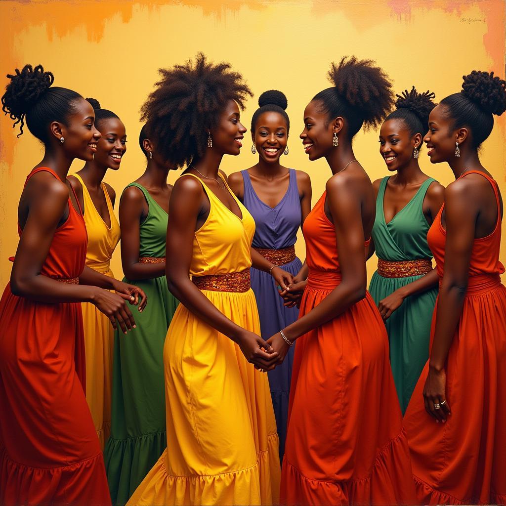 Painting of African women dancing in a circle, celebrating community and togetherness