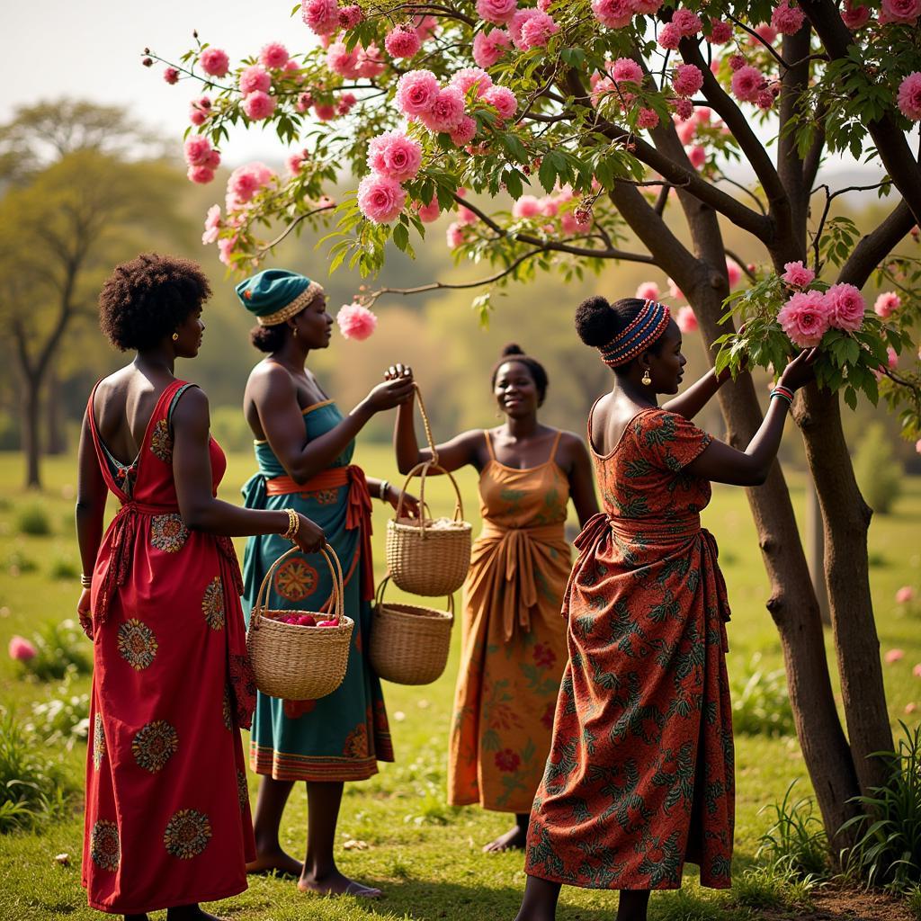 African Women Harvesting Flowers from Trees