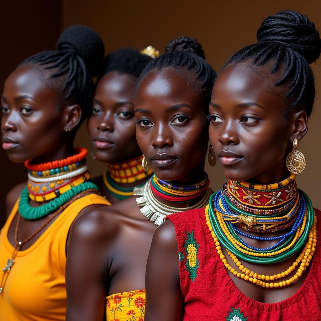 African Women Adorned with Neck Bangles in Traditional Attire