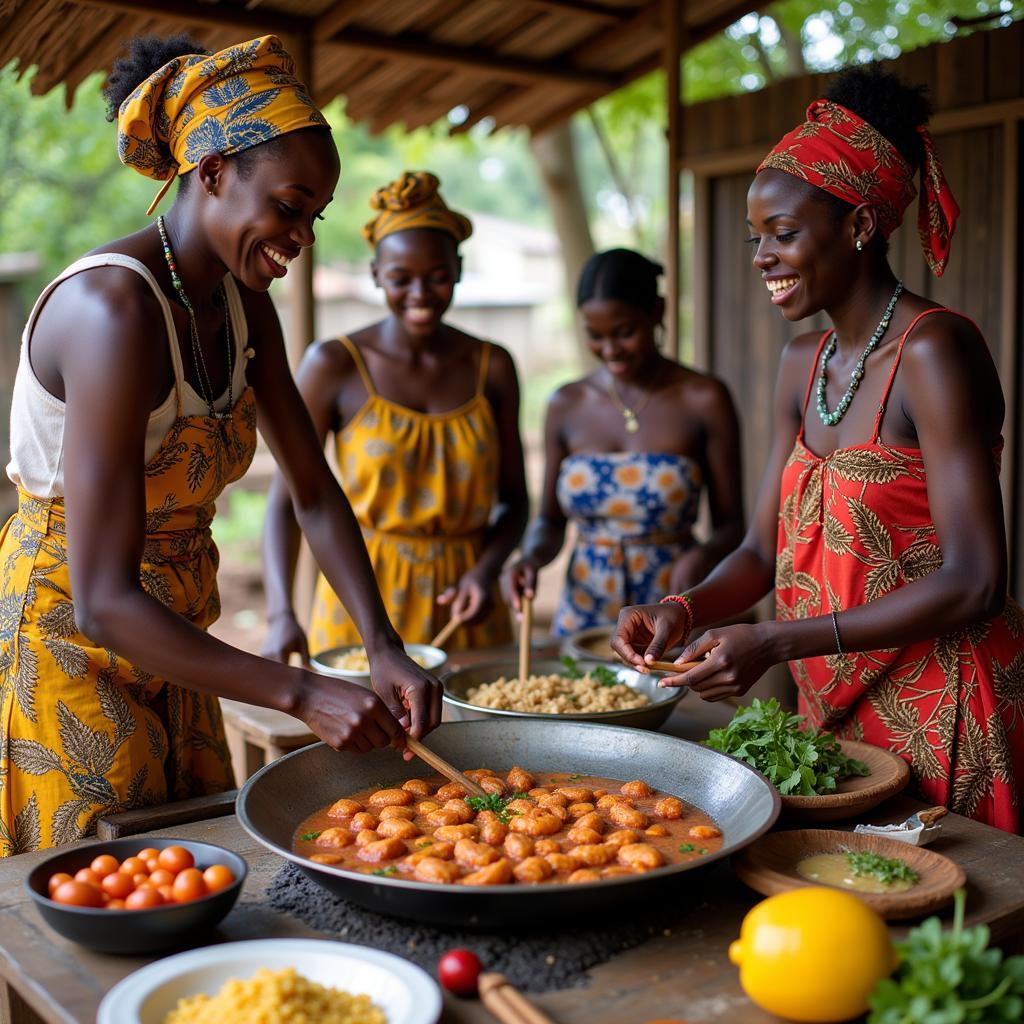 African Women Preparing Traditional Meal in Outdoor Kitchen