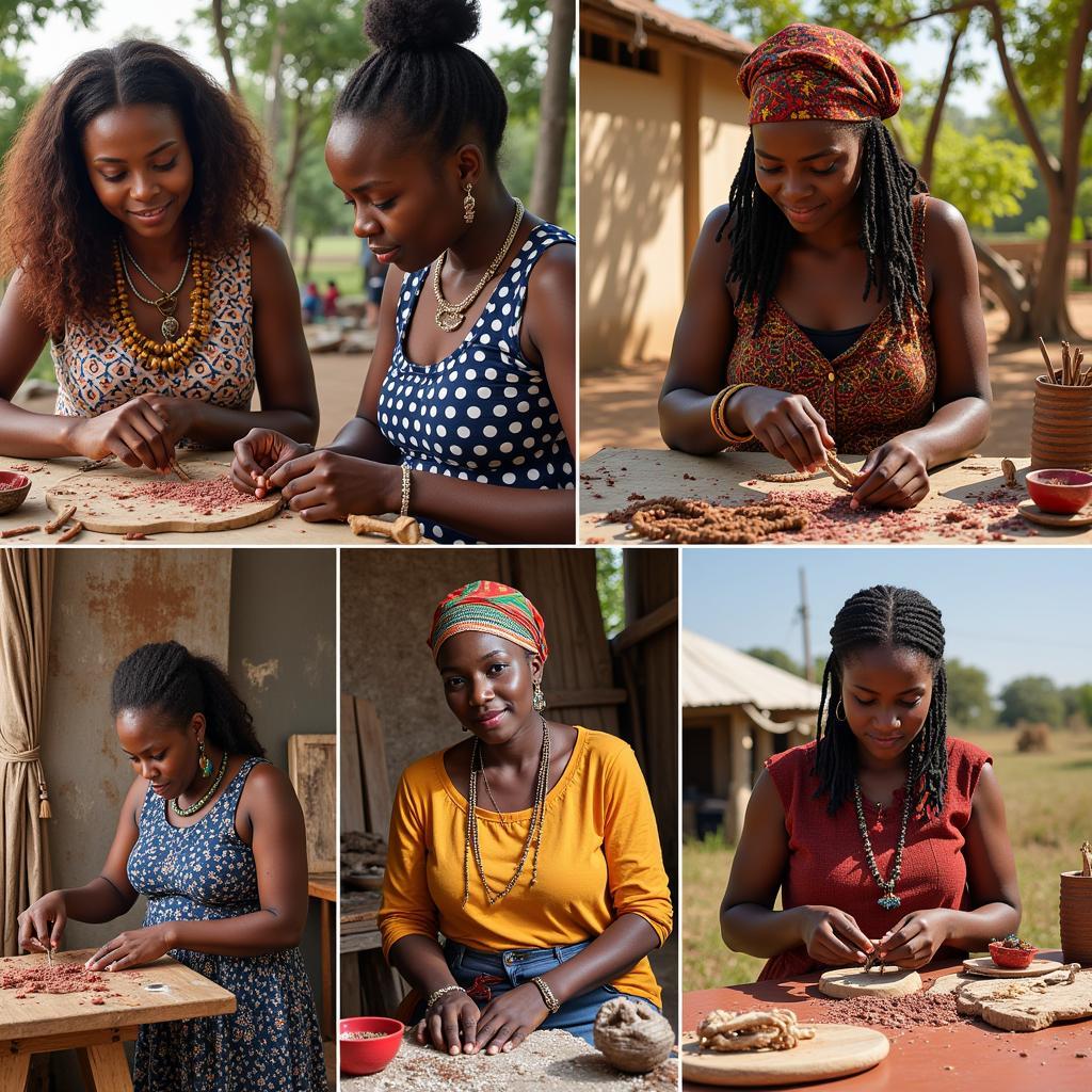 African women engaged in various traditional arts and crafts, such as weaving, pottery, and beadwork.