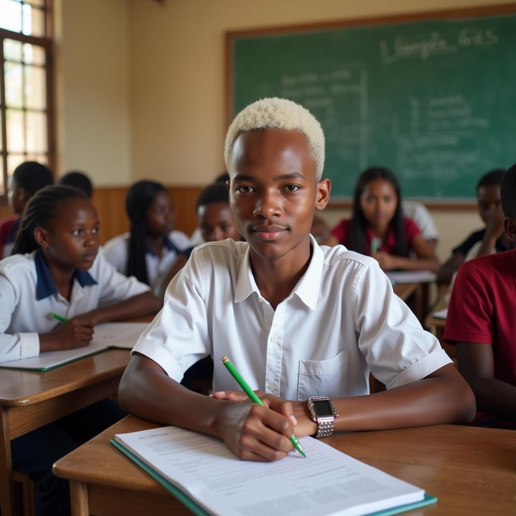 Albino African Student in Classroom