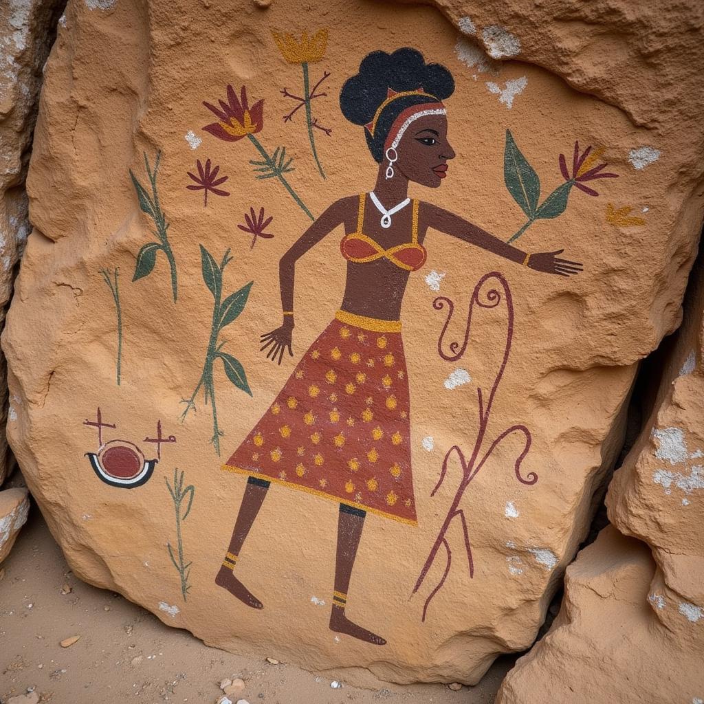 Ancient African Woman Rock Painting Mural