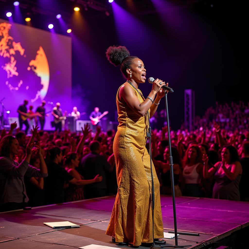 Angelique Kidjo performing on stage at a global music festival.