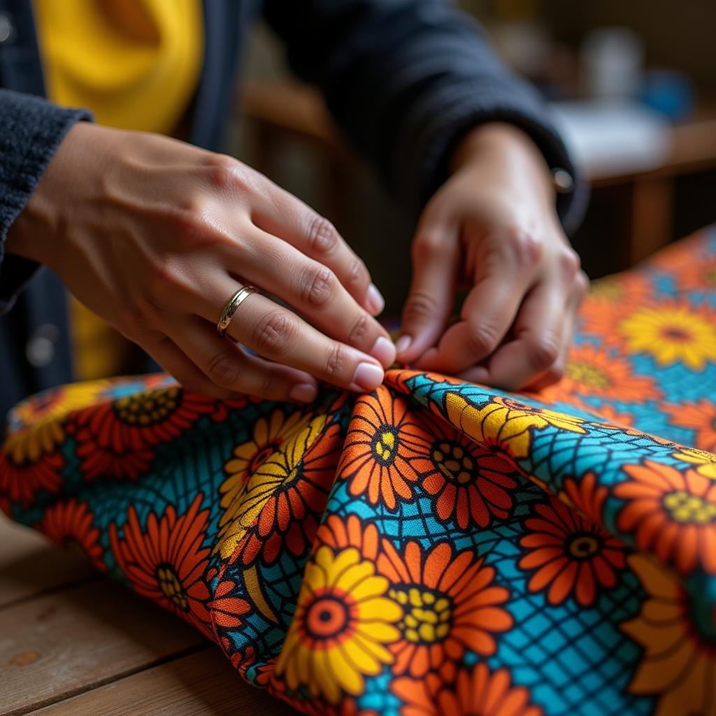 Artisan Sewing an African Fabric Bag in a Workshop