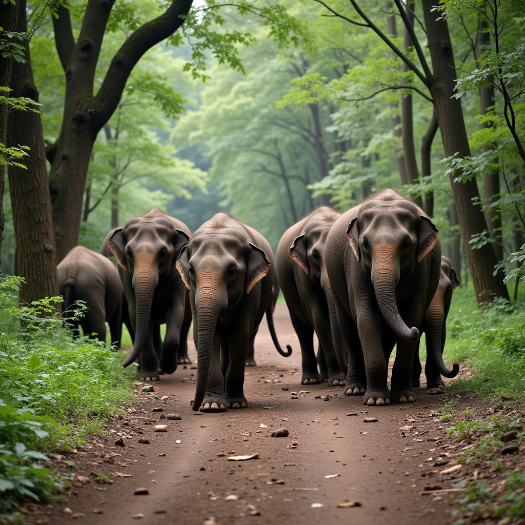 Asian Elephant Herd in Forest