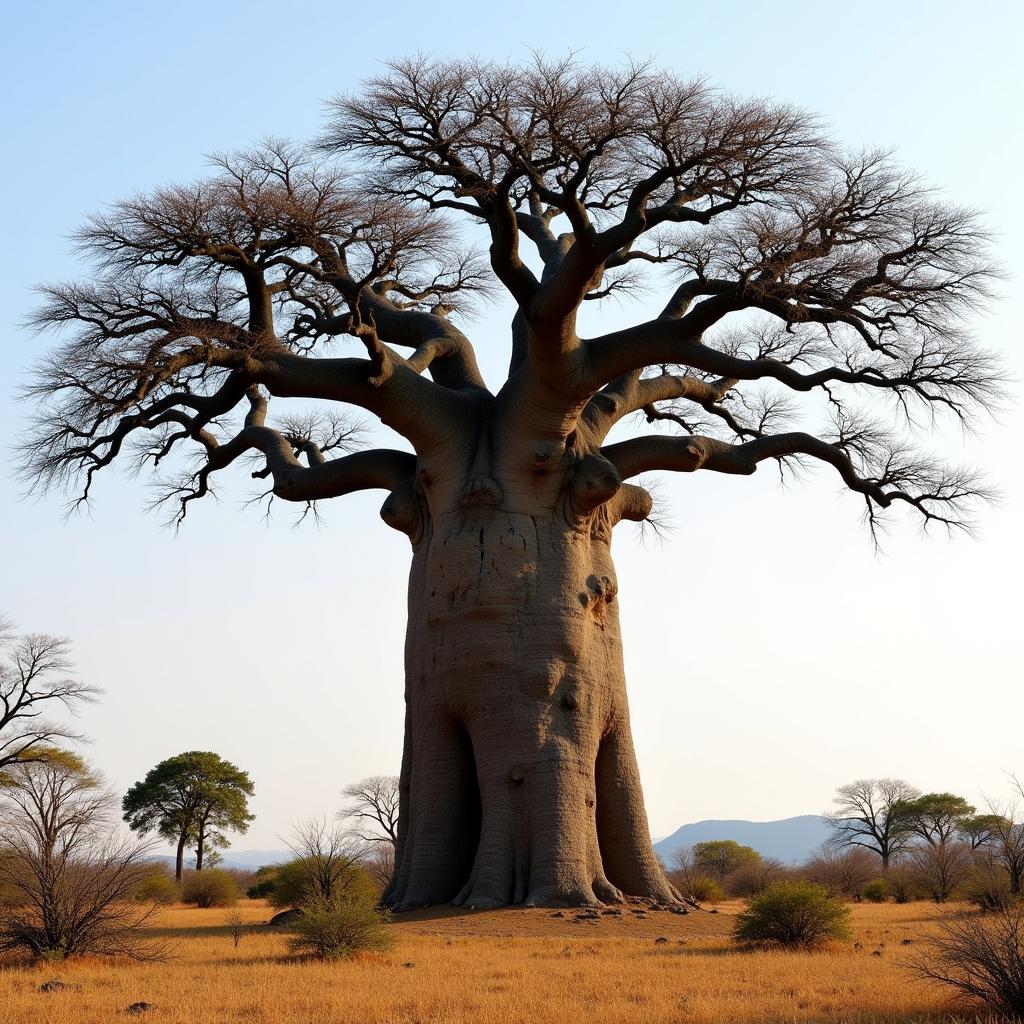 Baobab Tree in African Landscape: A panoramic view of a Baobab tree in its natural African habitat, highlighting its cultural and ecological significance.