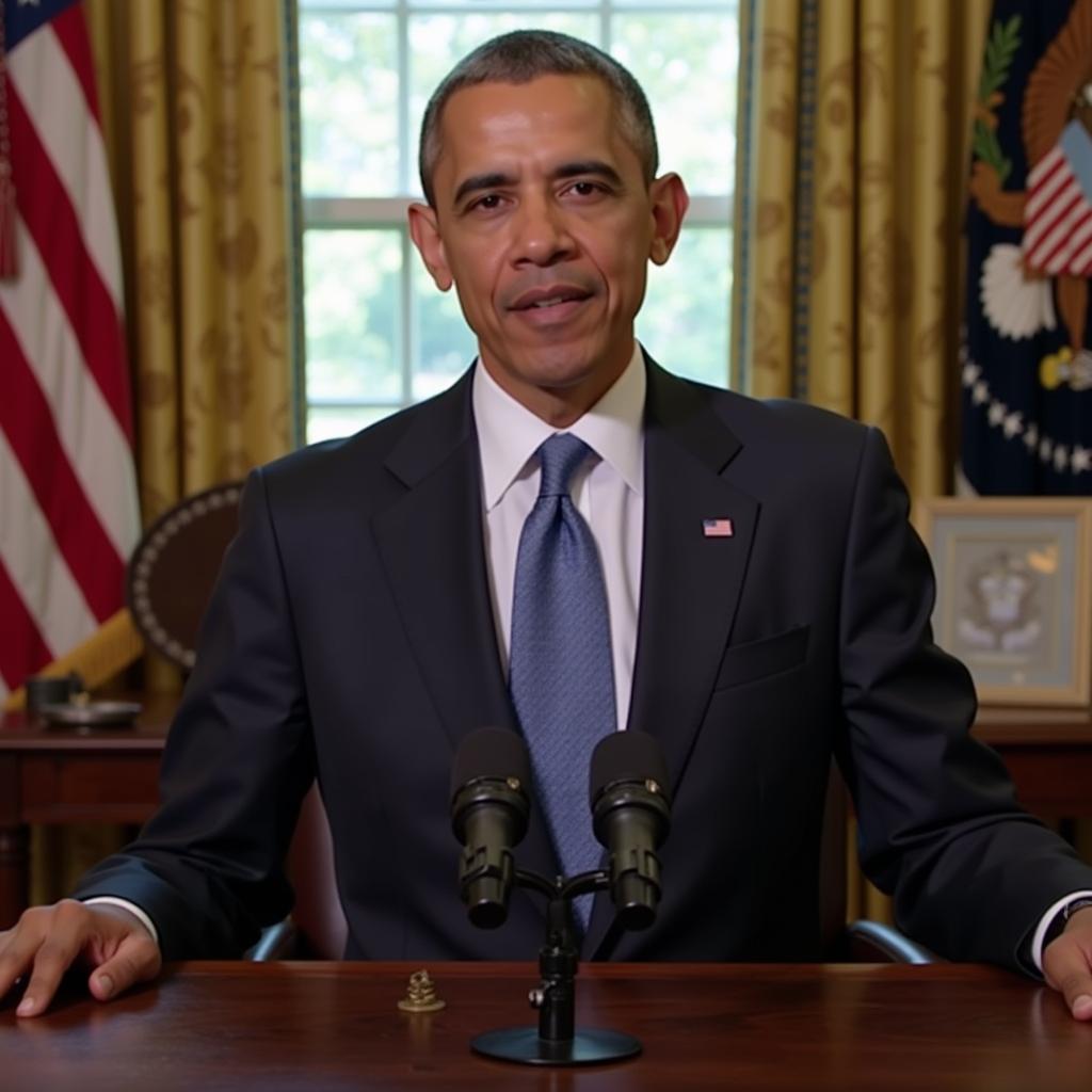 President Barack Obama addressing the nation from the Oval Office, discussing a pressing issue.