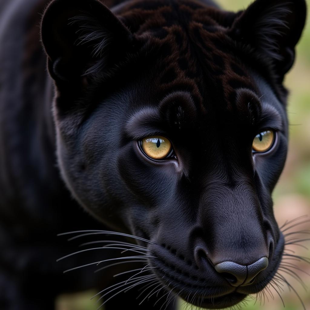 Close-up of a black panther's fur, revealing the faint rosette patterns underneath the black coat.