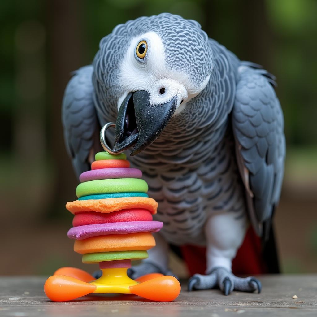 Blue African Grey Parrot Interacting with a Toy