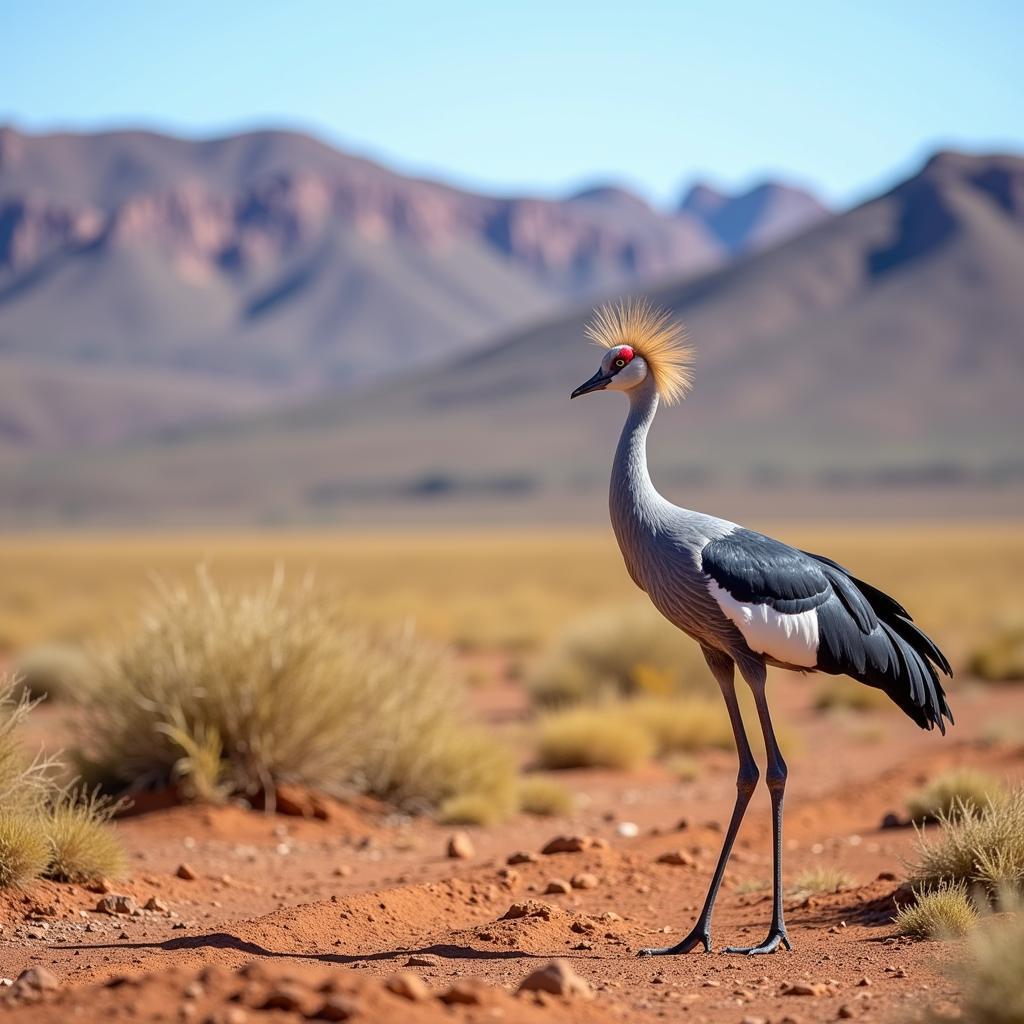 A blue crane against the backdrop of the Karoo National Park