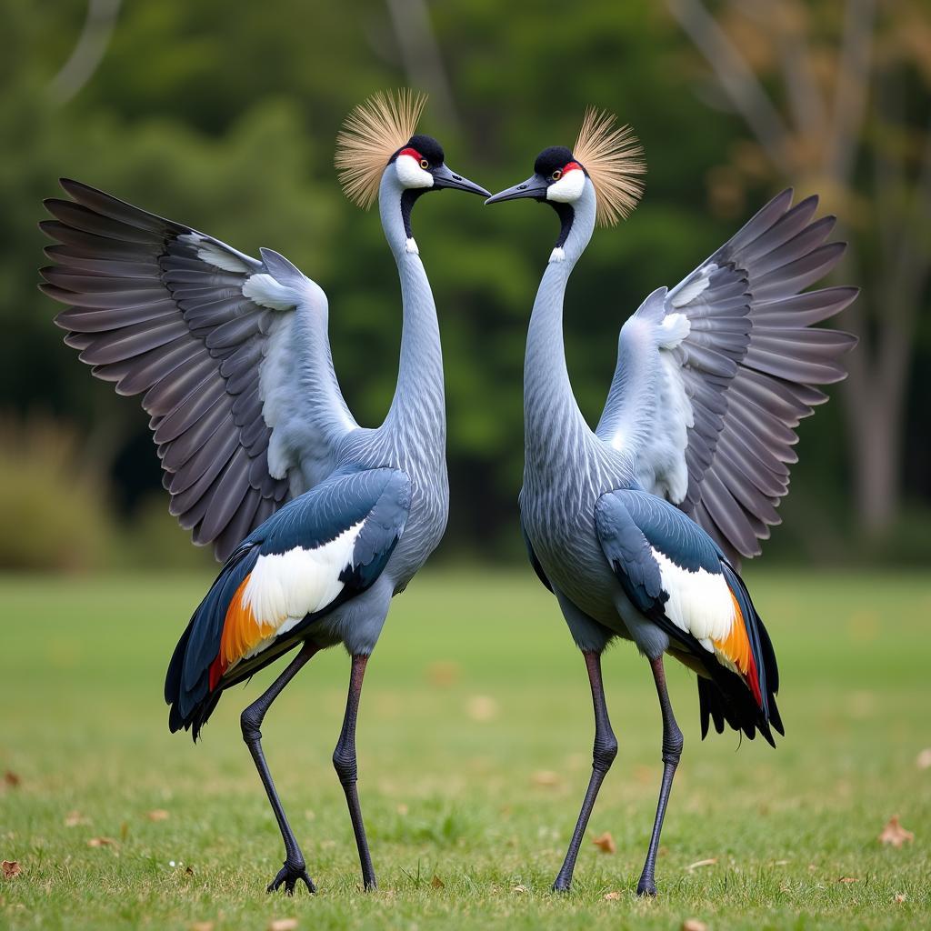 A pair of blue cranes performing their courtship dance