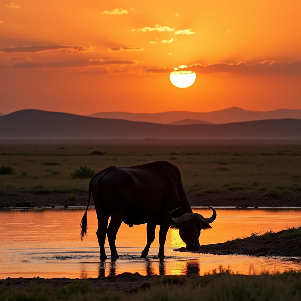 Solitary Cape Buffalo Drinking at a Watering Hole