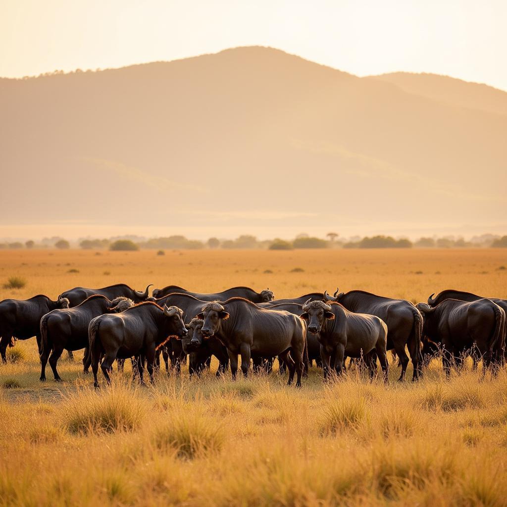 Large Herd of Cape Buffalo Grazing on the African Savanna