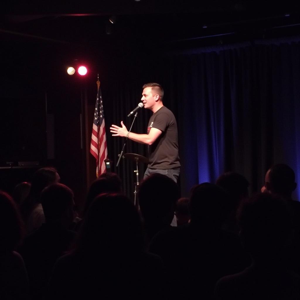 Comedian performing on stage at a Chicago comedy club