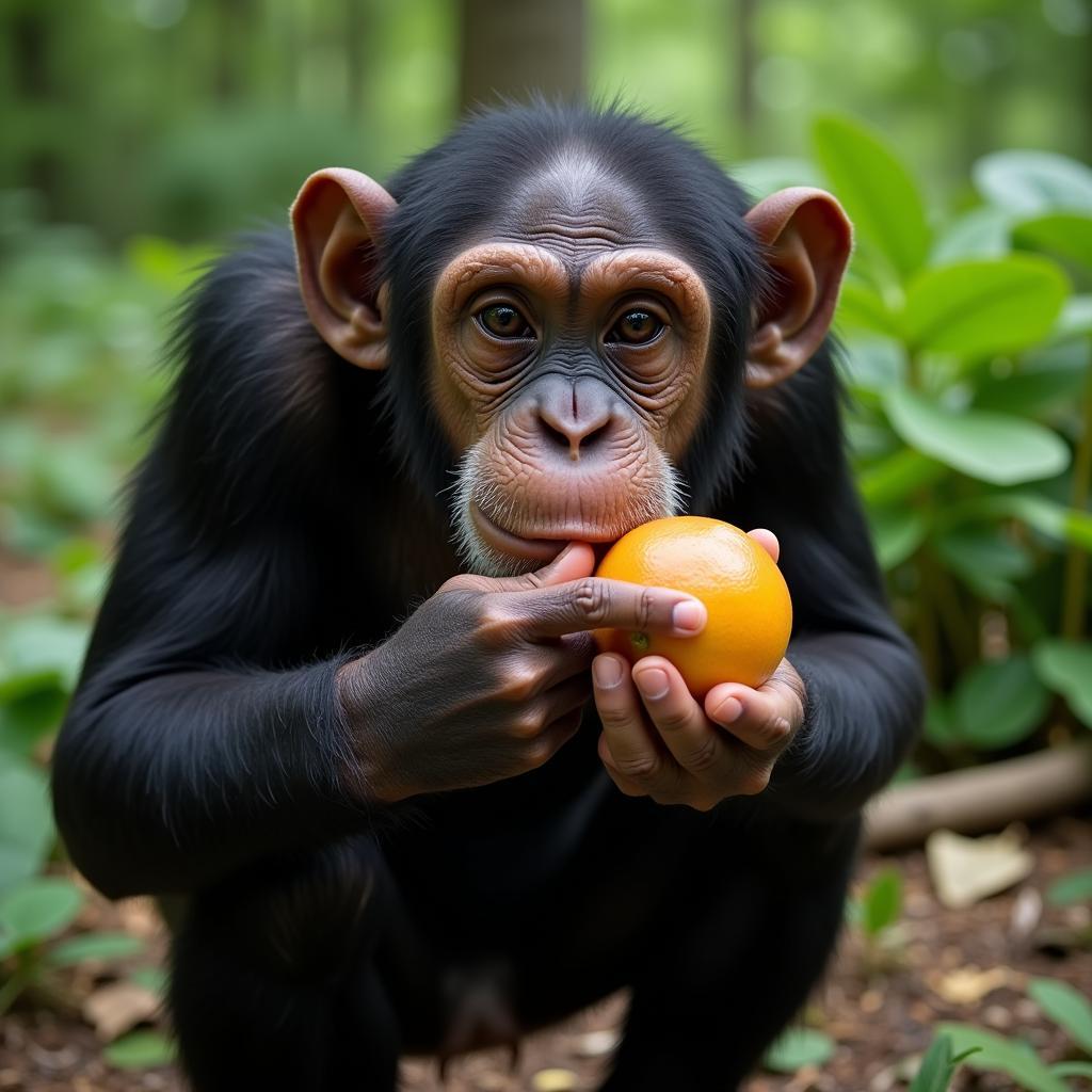 Chimpanzee Eating Fruit in a Forest