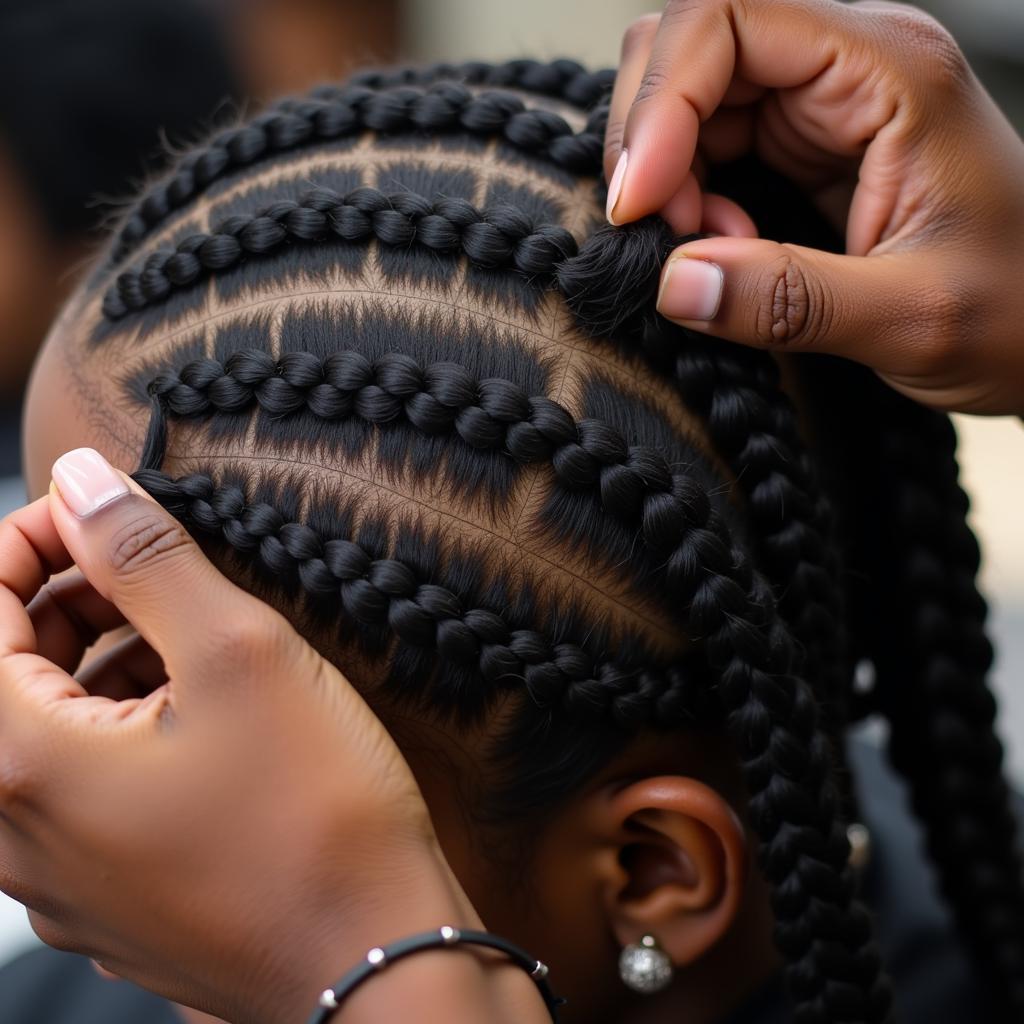 Close up of hands braiding African hair