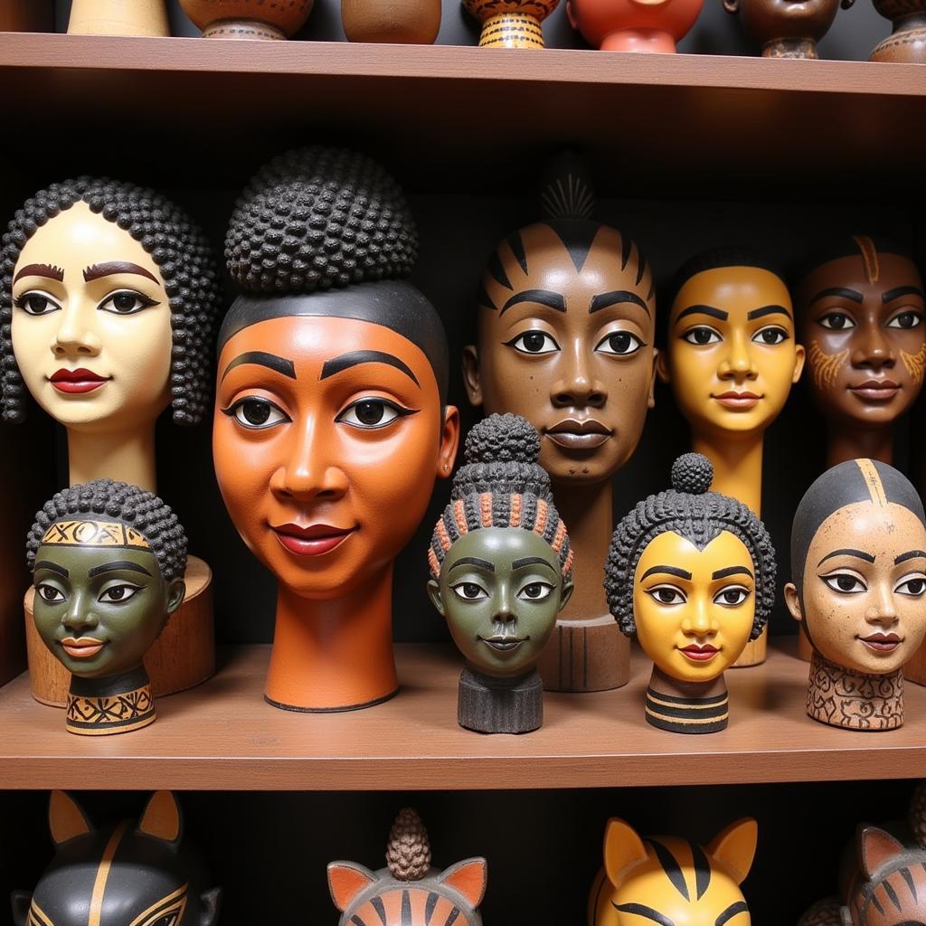 A diverse collection of African face piggy banks showcasing different styles and cultural influences.