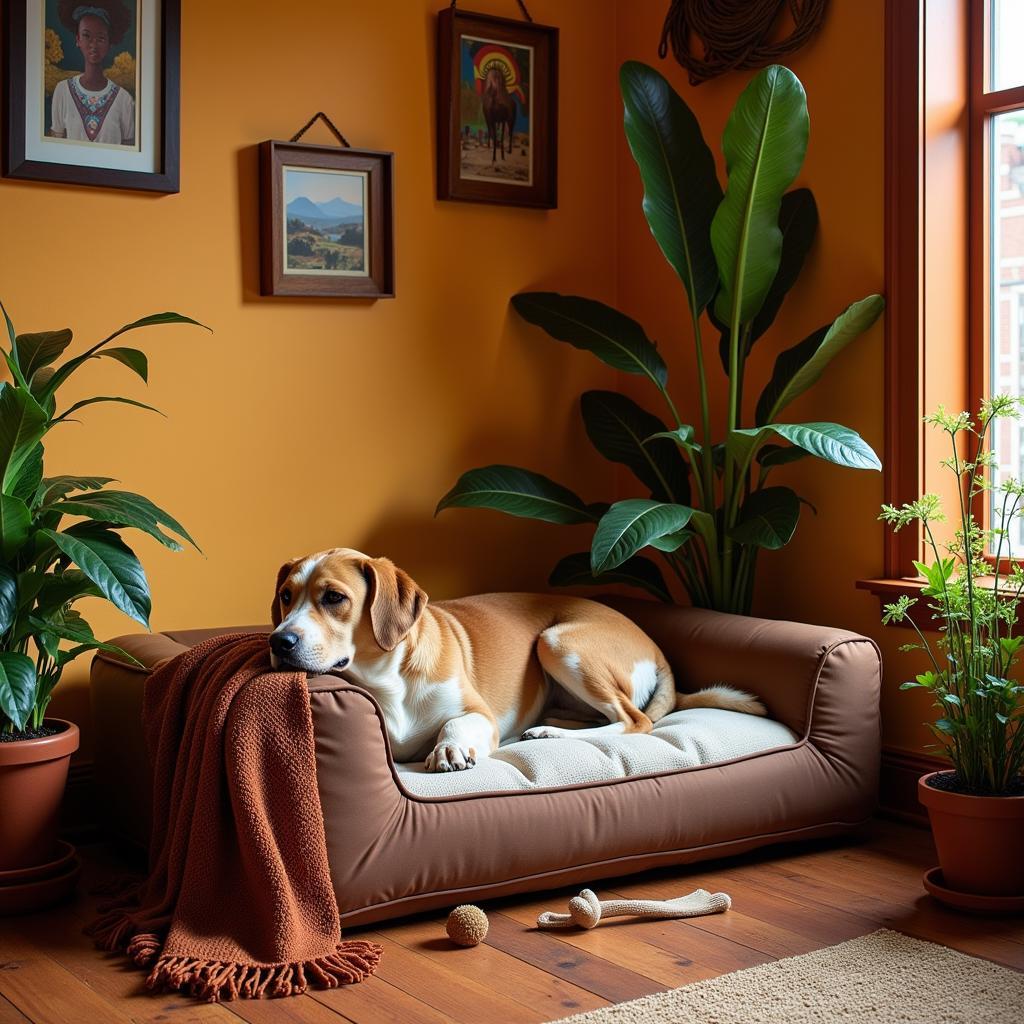 Comfortable dog bed setup within an African home