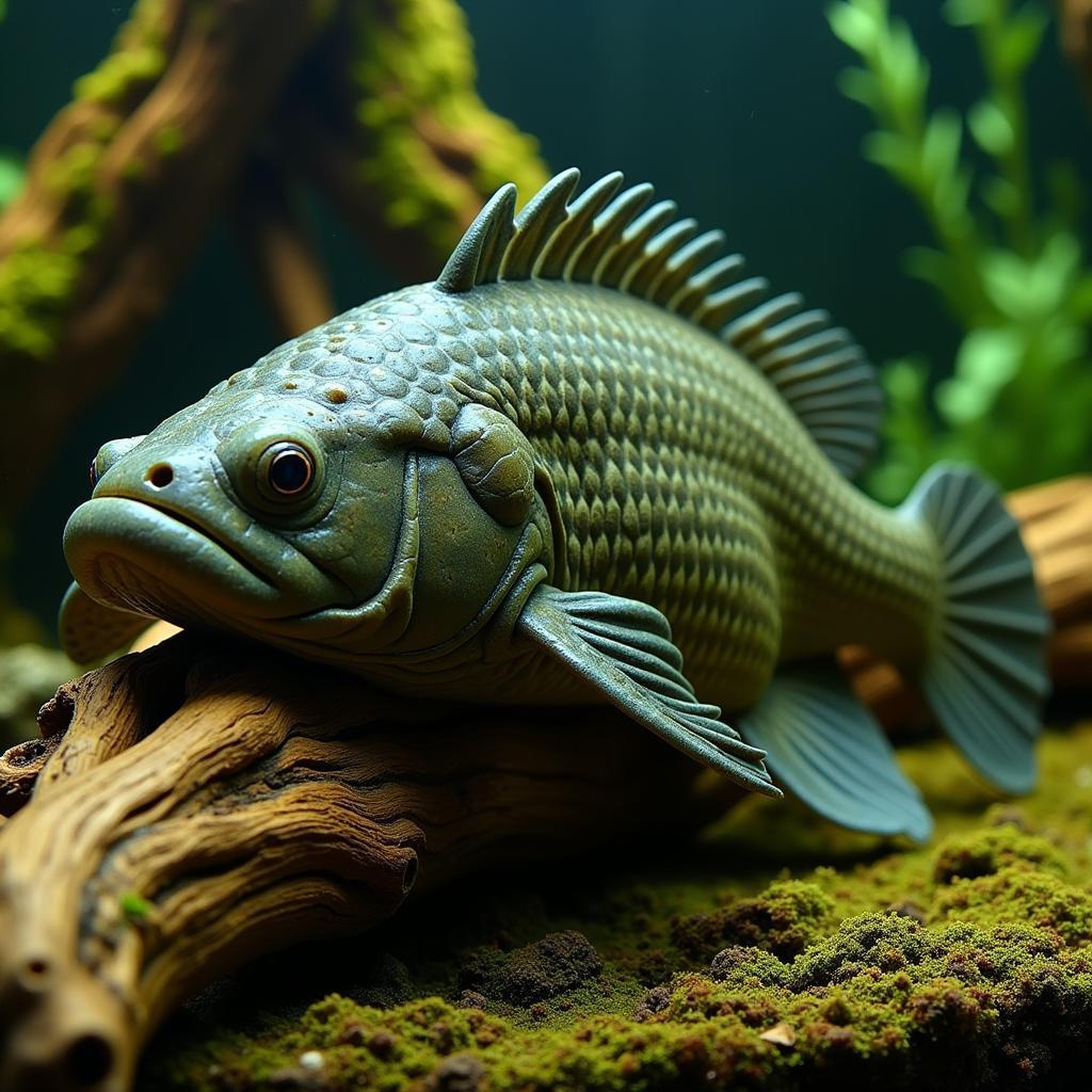 Common pleco eating algae on driftwood in an aquarium