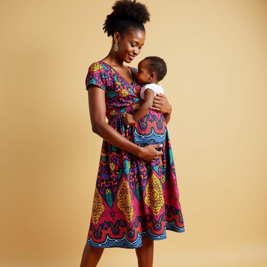 Contemporary African Breastfeeding Dress in Vibrant Colors with Discreet Nursing Access