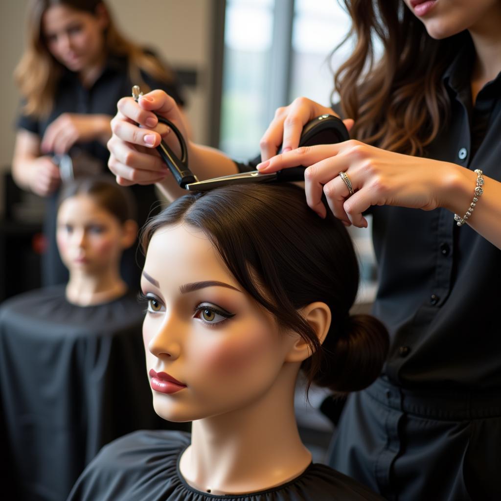 Cosmetology Student Practicing Haircut on Mannequin