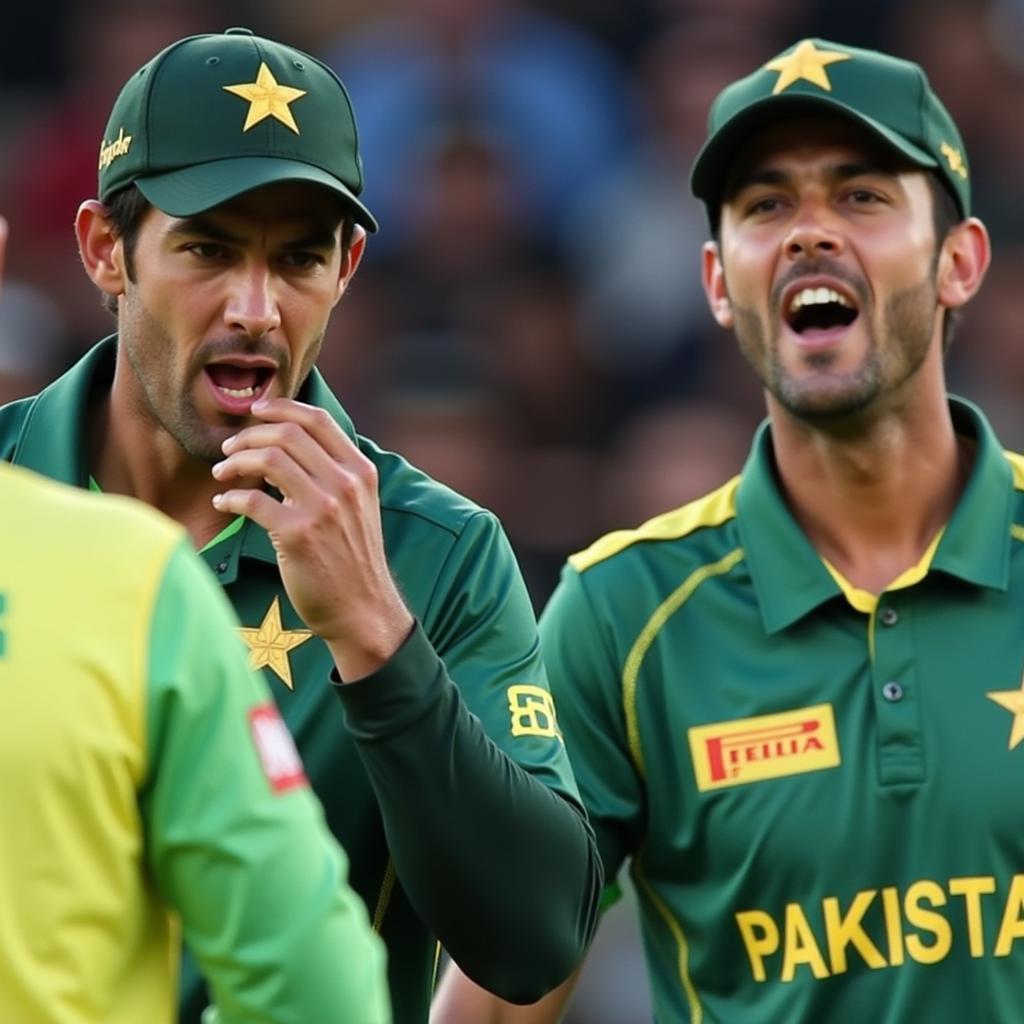 Cricket match between Pakistan and South Africa showcasing a tense moment