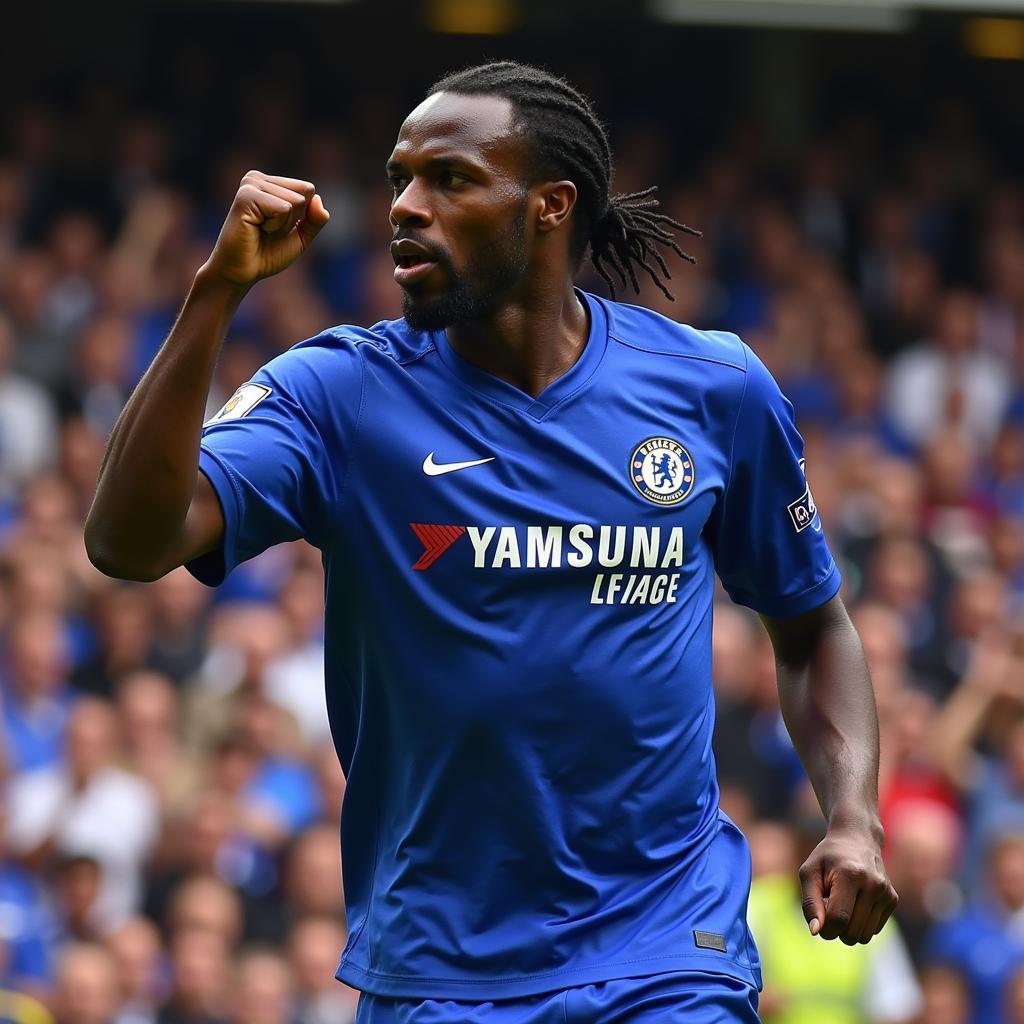 Didier Drogba, a Chelsea legend, celebrates a goal in the Premier League.