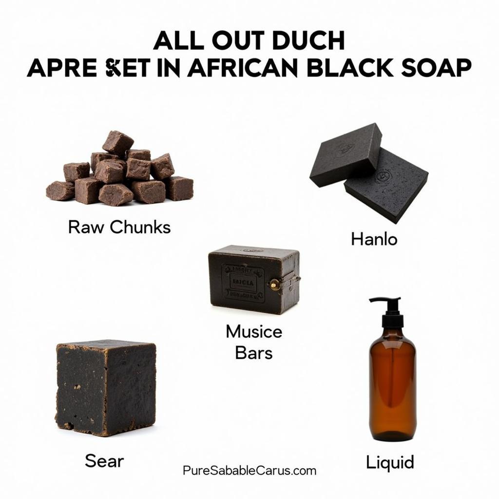 Various forms of African black soap: raw chunks, bars, and liquid.