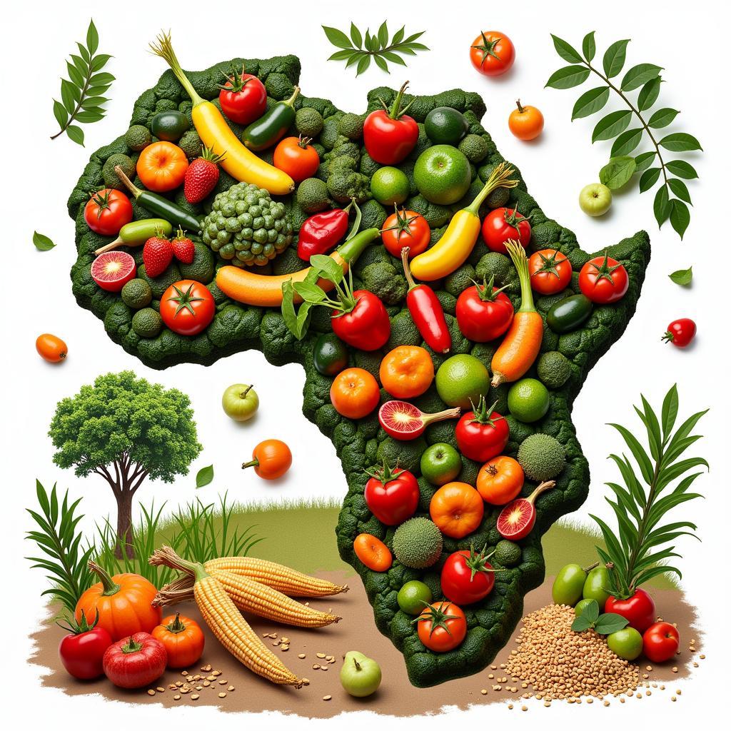 Variety of colorful African food crops, including fruits, vegetables, and grains