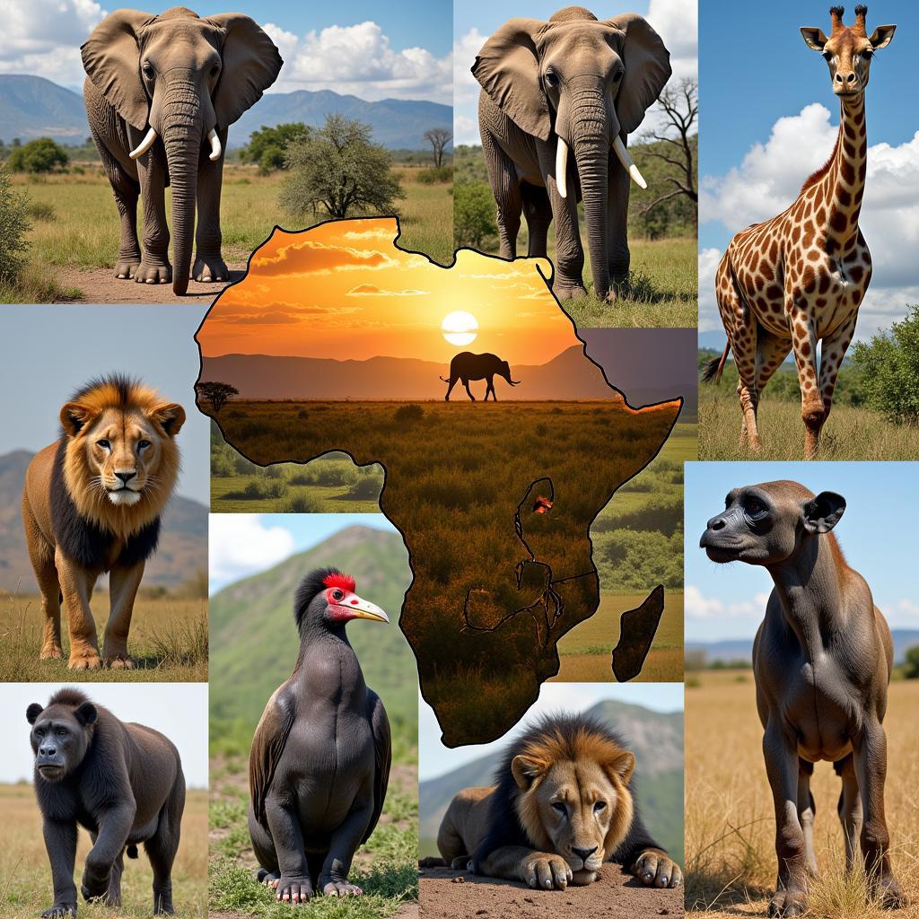 Diverse African Wildlife in Savannah and Forest