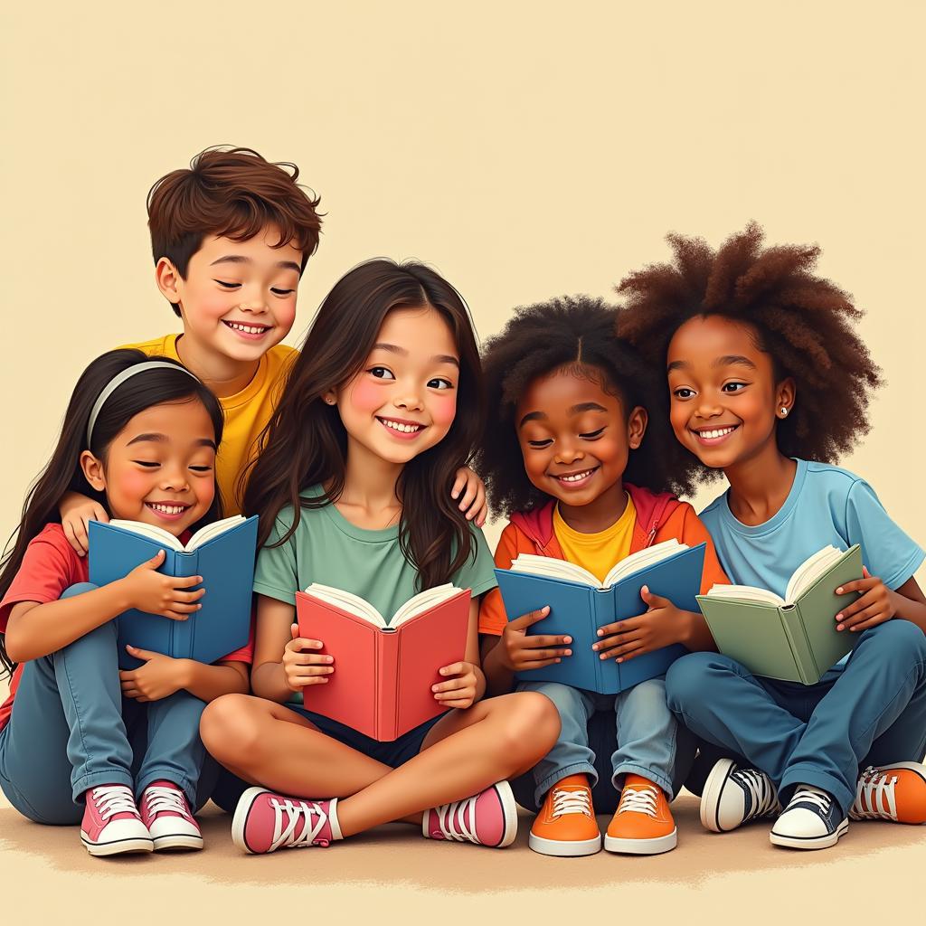 Children from various backgrounds reading together, enjoying diverse literature