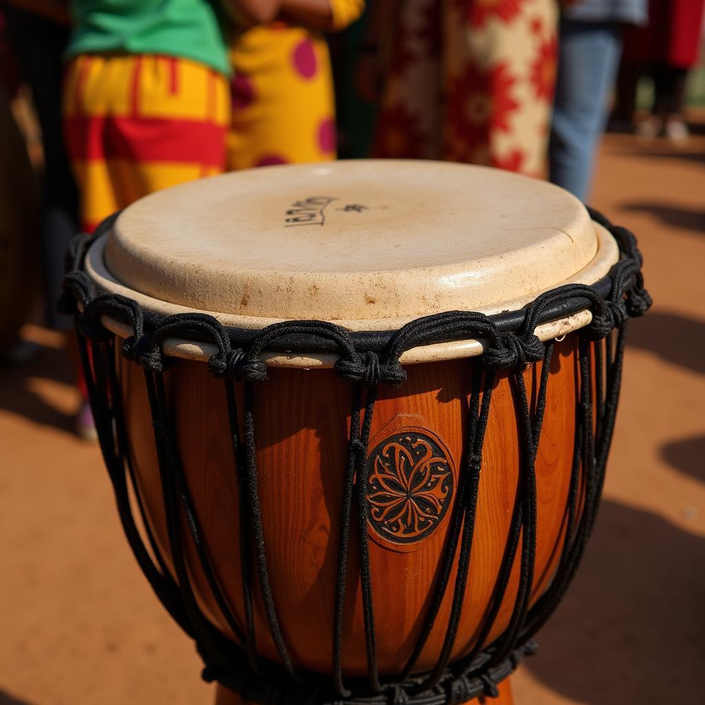 Djembe West African Drum - A close-up view of a djembe drum, showcasing the intricate carvings on its wooden body and the taut animal skin head. The background hints at a vibrant West African setting, perhaps a marketplace or a traditional ceremony.