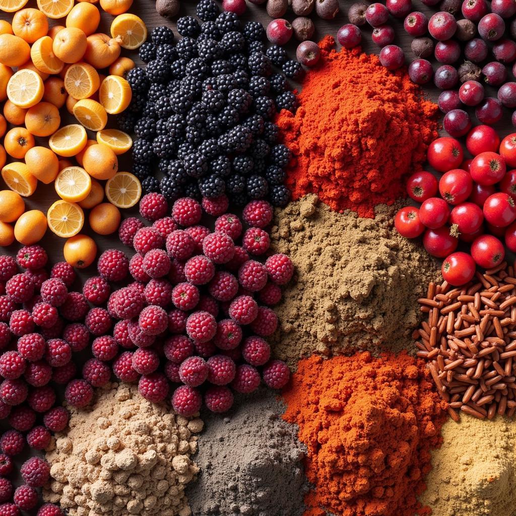 A colorful display of various dried African berries, showcasing their diverse shapes, sizes, and textures.