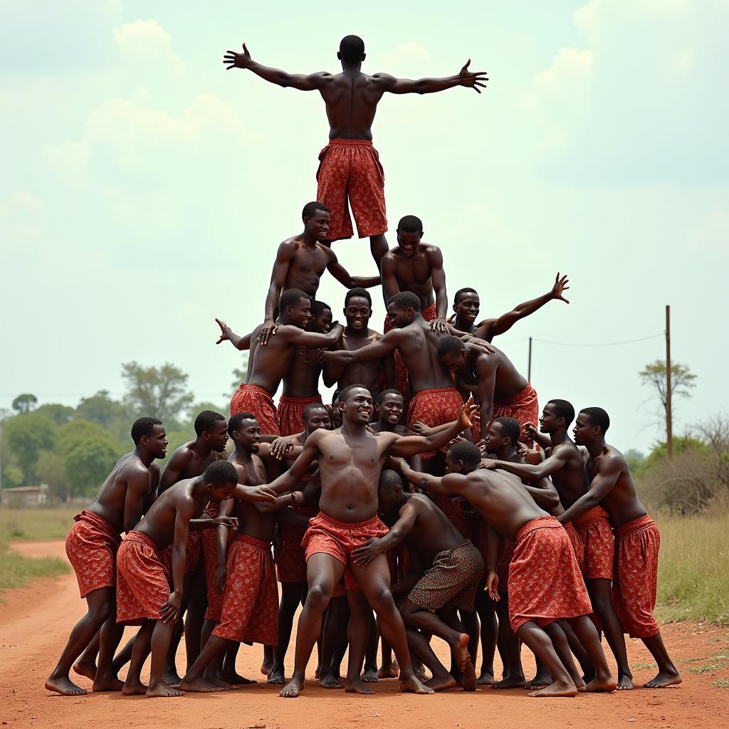 East African acrobats forming a human pyramid