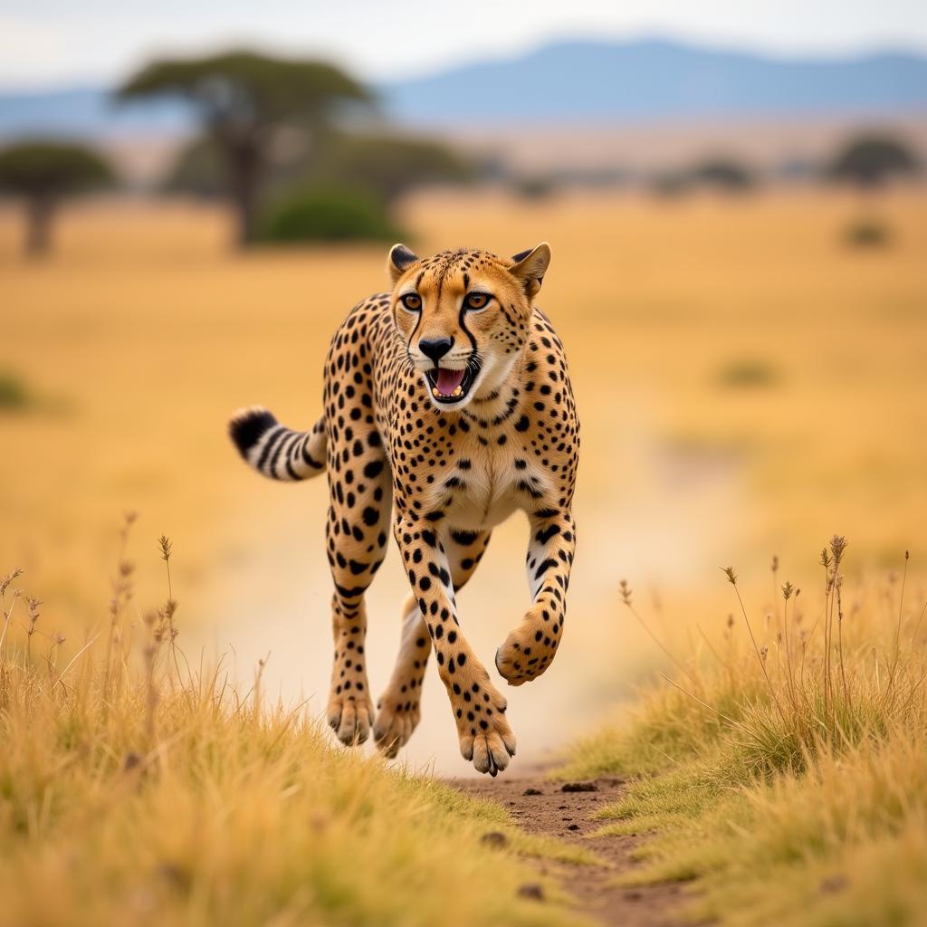 East African Cheetah running at full speed in the savanna