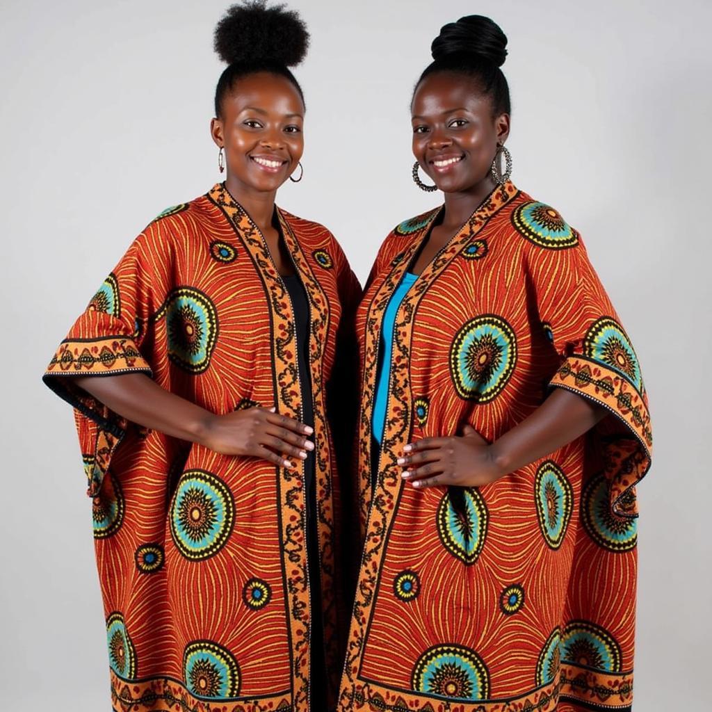 Two East African women wearing brightly patterned kangas