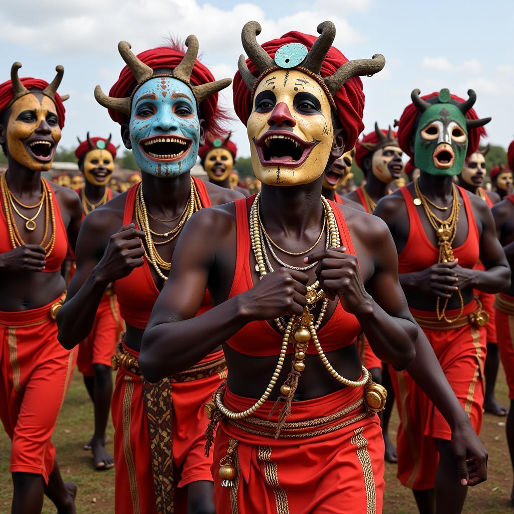 Masked Dancers in an East African Kazwa Celebration