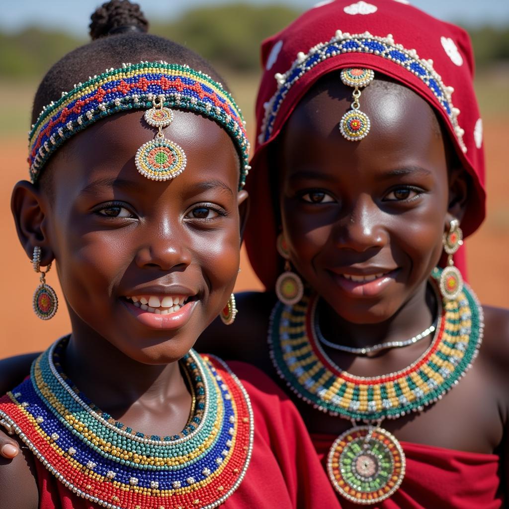 East African Maasai Children in Beadwork Attire